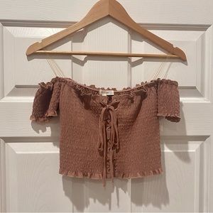 Small muave corset lace up ruched smocked crop top off shoulder